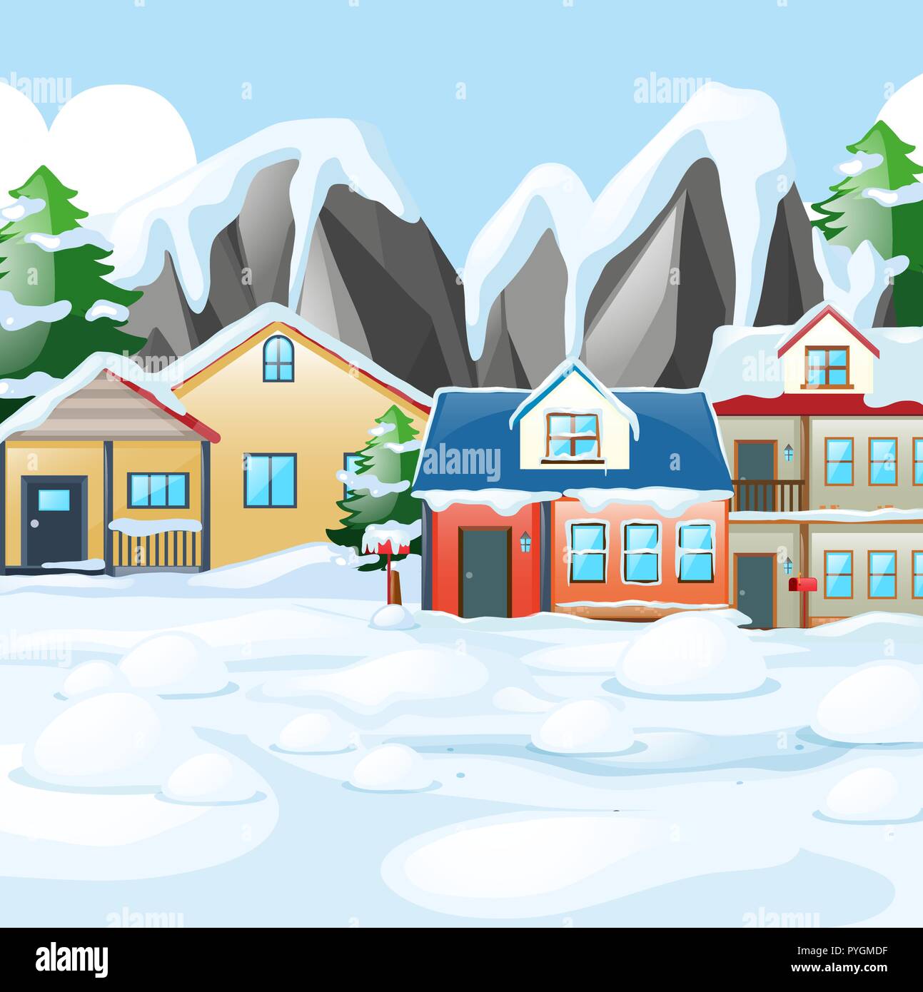 Houses In Village Covered With Snow Illustration Stock Vector Image Art Alamy