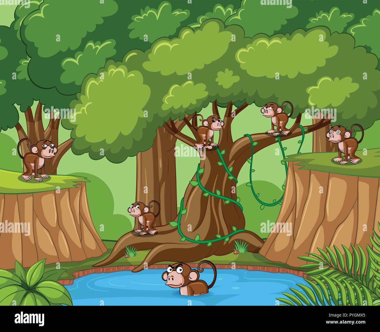 Many monkeys in the forest illustration Stock Vector Image & Art - Alamy