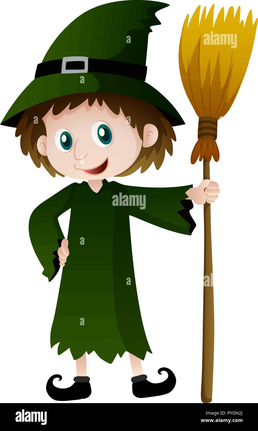 Witch in green outfit with magic broom illustration Stock Vector Image ...