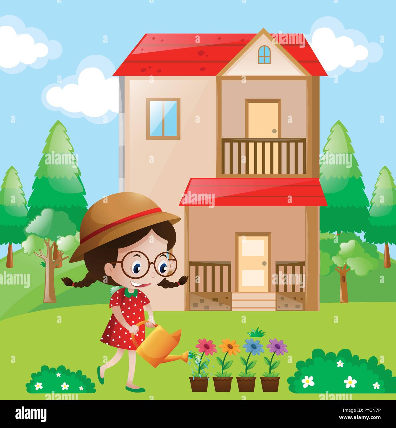 Little girl watering flowers in garden illustration Stock Vector Image