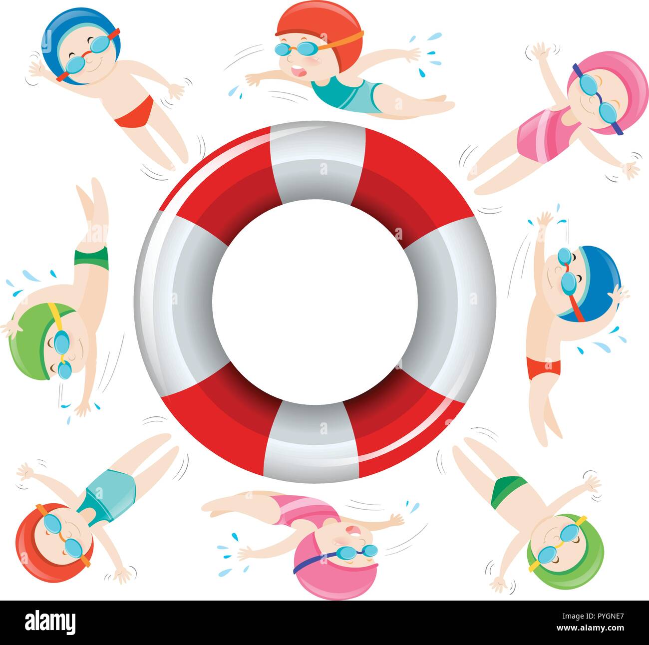Kids in swimming suit around safety float illustration Stock Vector