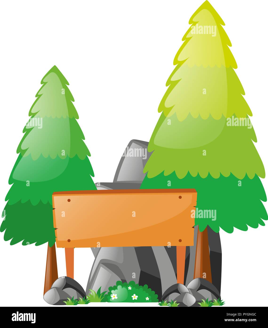 wooden sign template between pine trees illustration stock vector