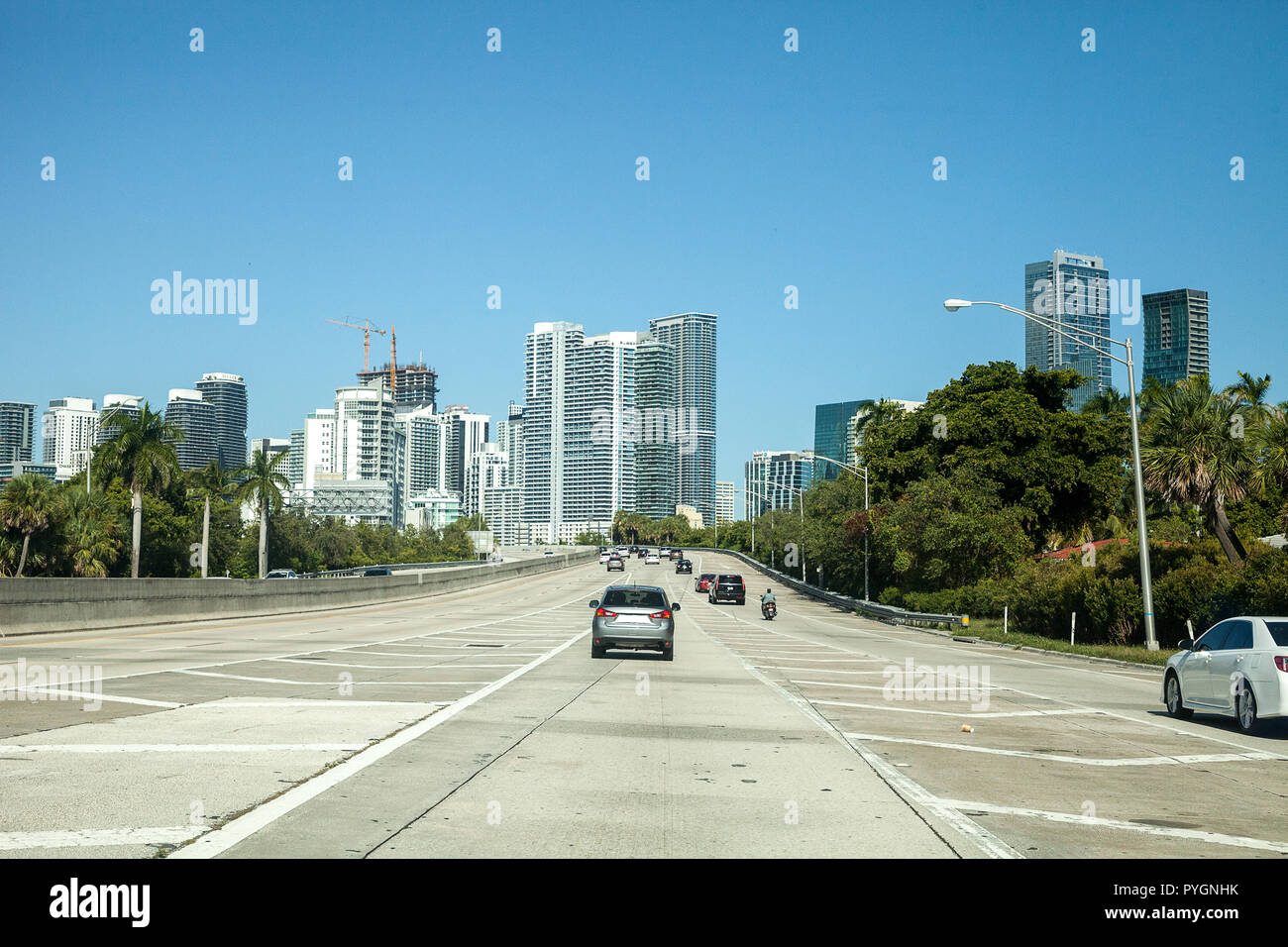 Highway along Skyline of Miami, Florida in the thick of the city with ...