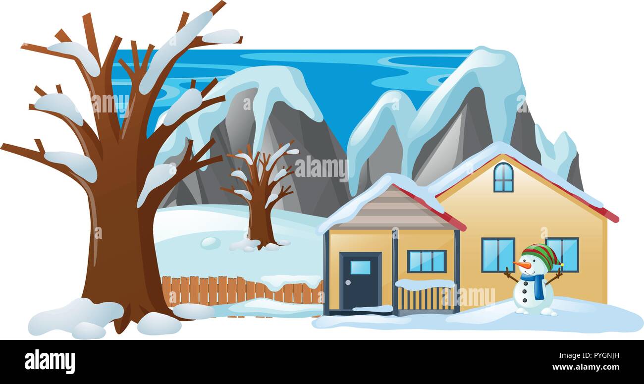 Winter Scene With Snowman In Front Of House Illustration Stock Vector