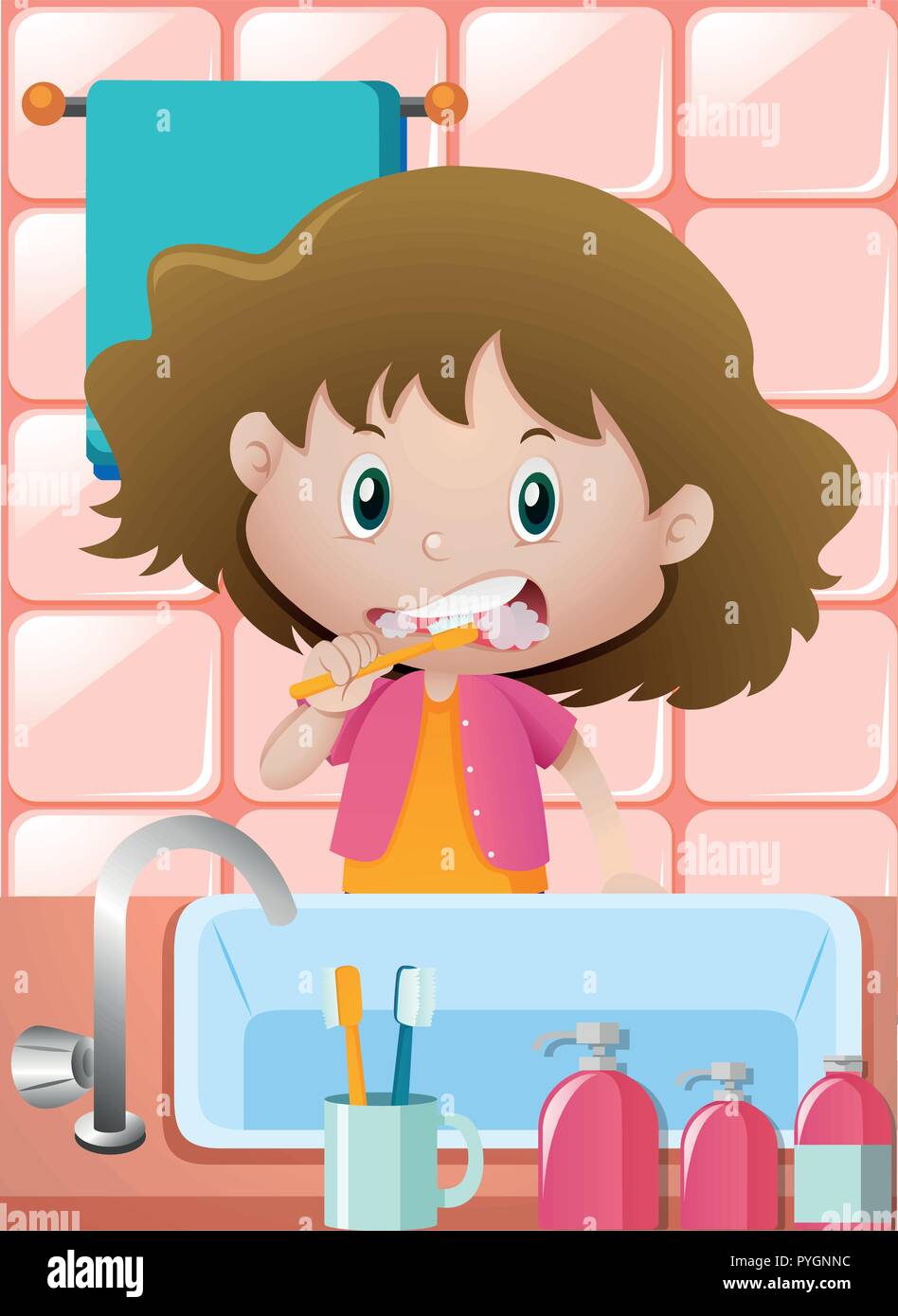Girl brushing teeth at the sink illustration Stock Vector Image & Art