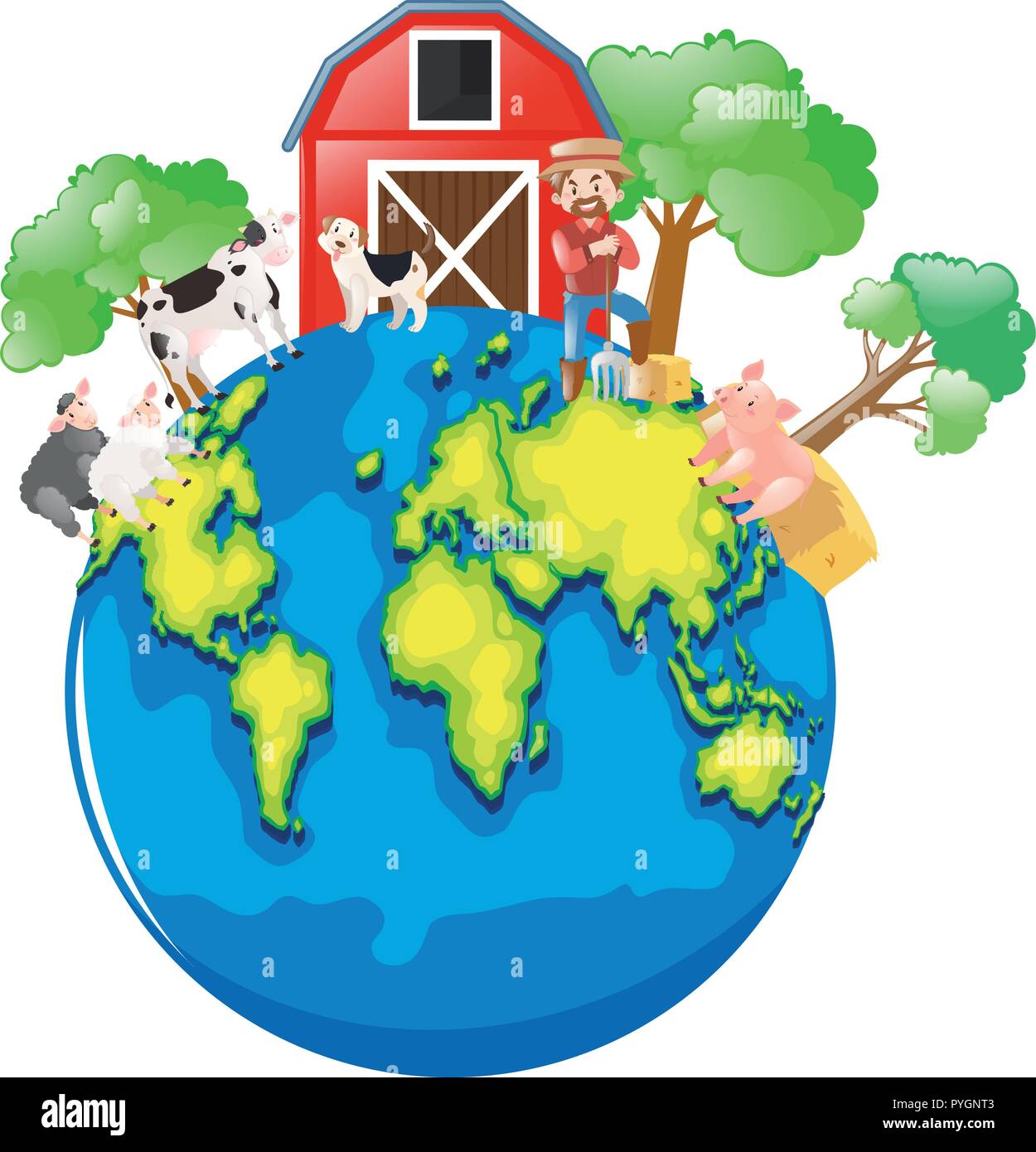 Farmer and animals on the earth illustration Stock Vector Image & Art ...