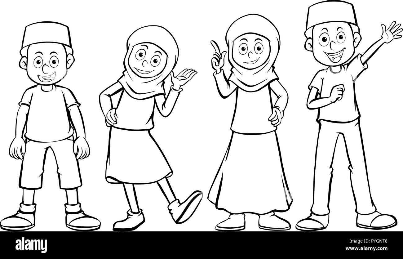 Muslim boy and girl with happy face illustration Stock Vector