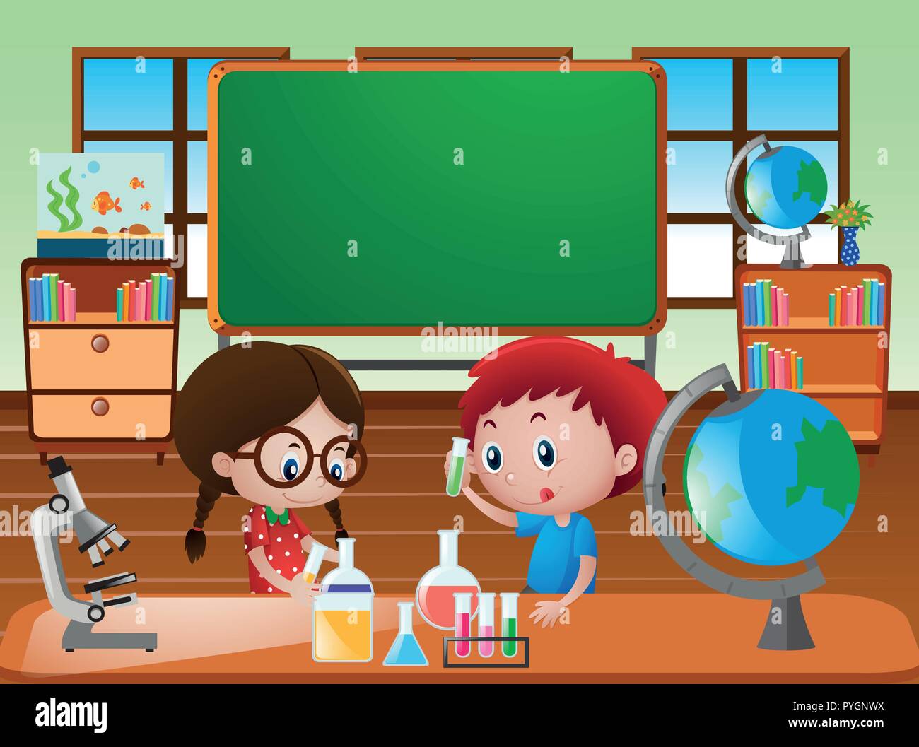 Classroom scene with kids doing science experiment illustration Stock Vector