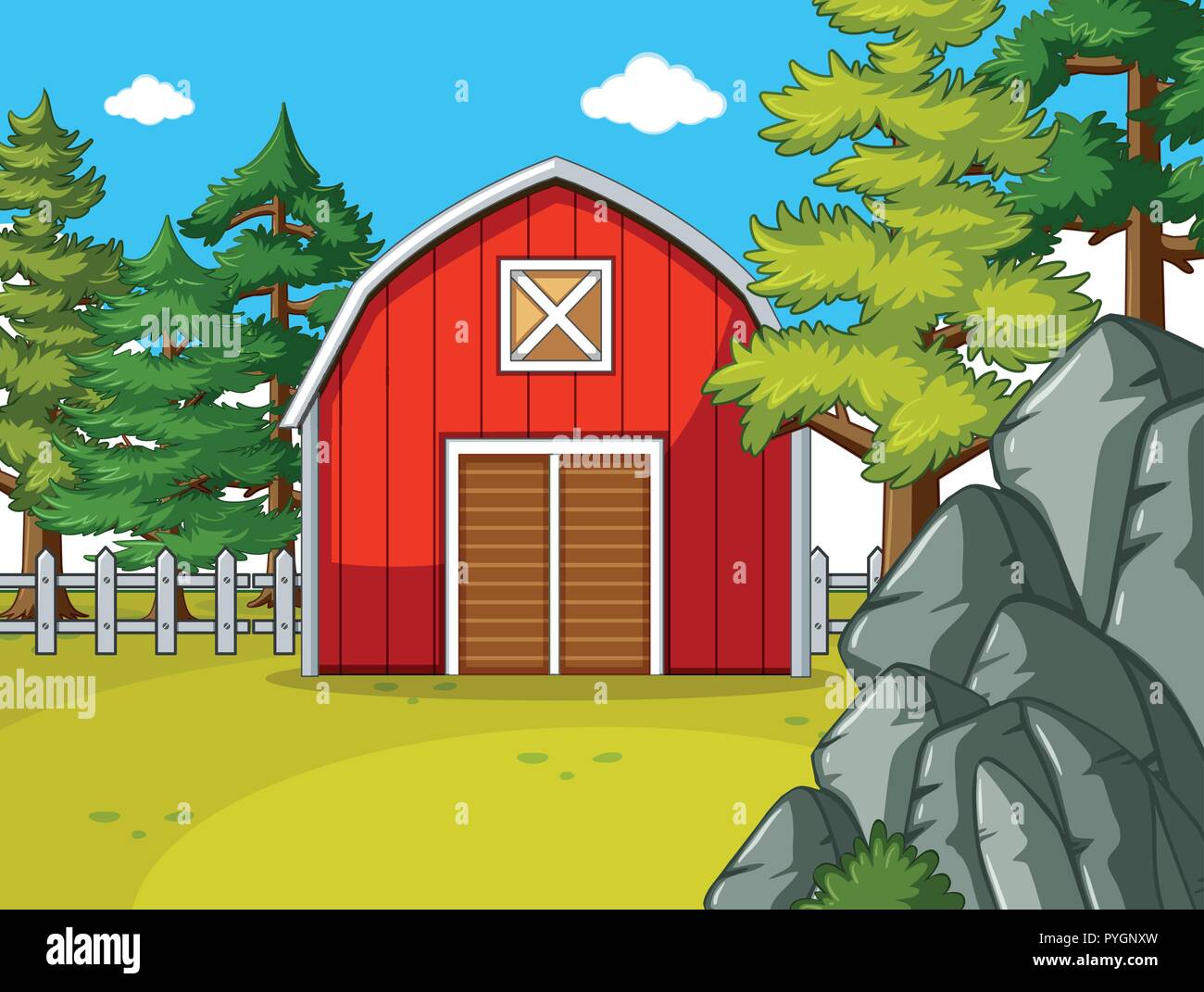 Farm scene with red barn in the field illustration Stock Vector Image ...