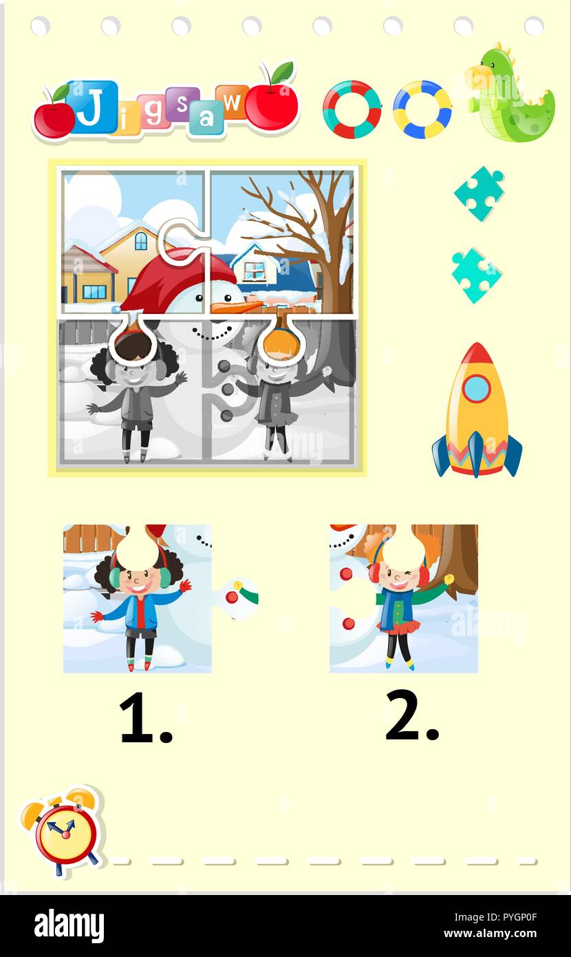 Jigsaw Puzzle Game With Girls And Snowman Illustration Stock Vector jigsaw-puzzle-game-with-girls-and-snowman-illustration-stock-vector