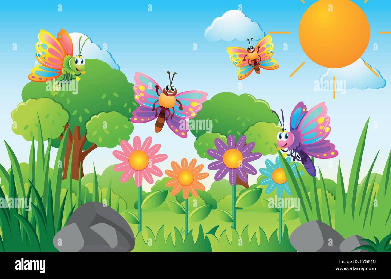 Butterflies flying in flower garden illustration Stock Vector ...