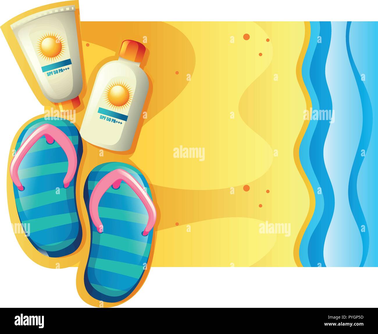 Summer scene with sunscreen and sandals on the beach illustration Stock ...
