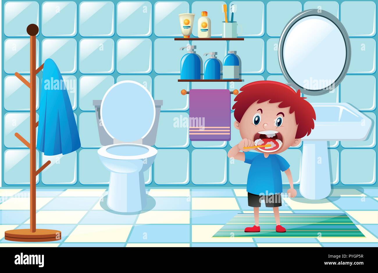 Little boy brushing teeth in toilet illustration Stock Vector Image ...