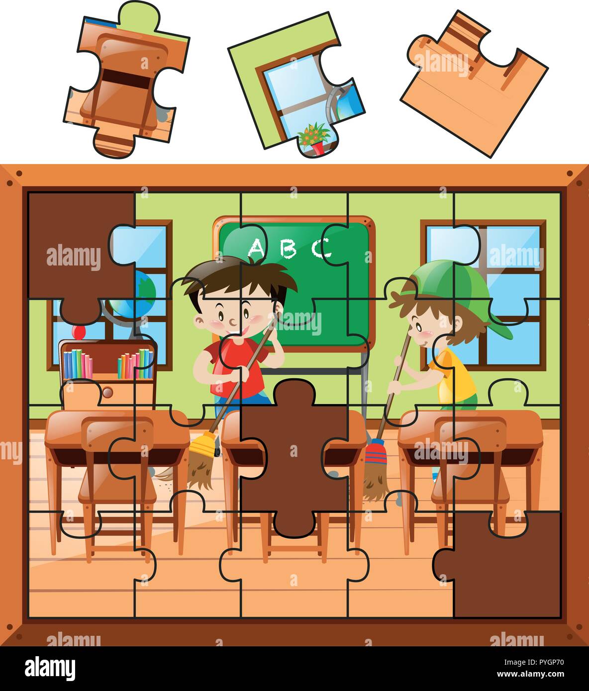 Jigsaw puzzle pieces with boys cleaning classroom illustration Stock