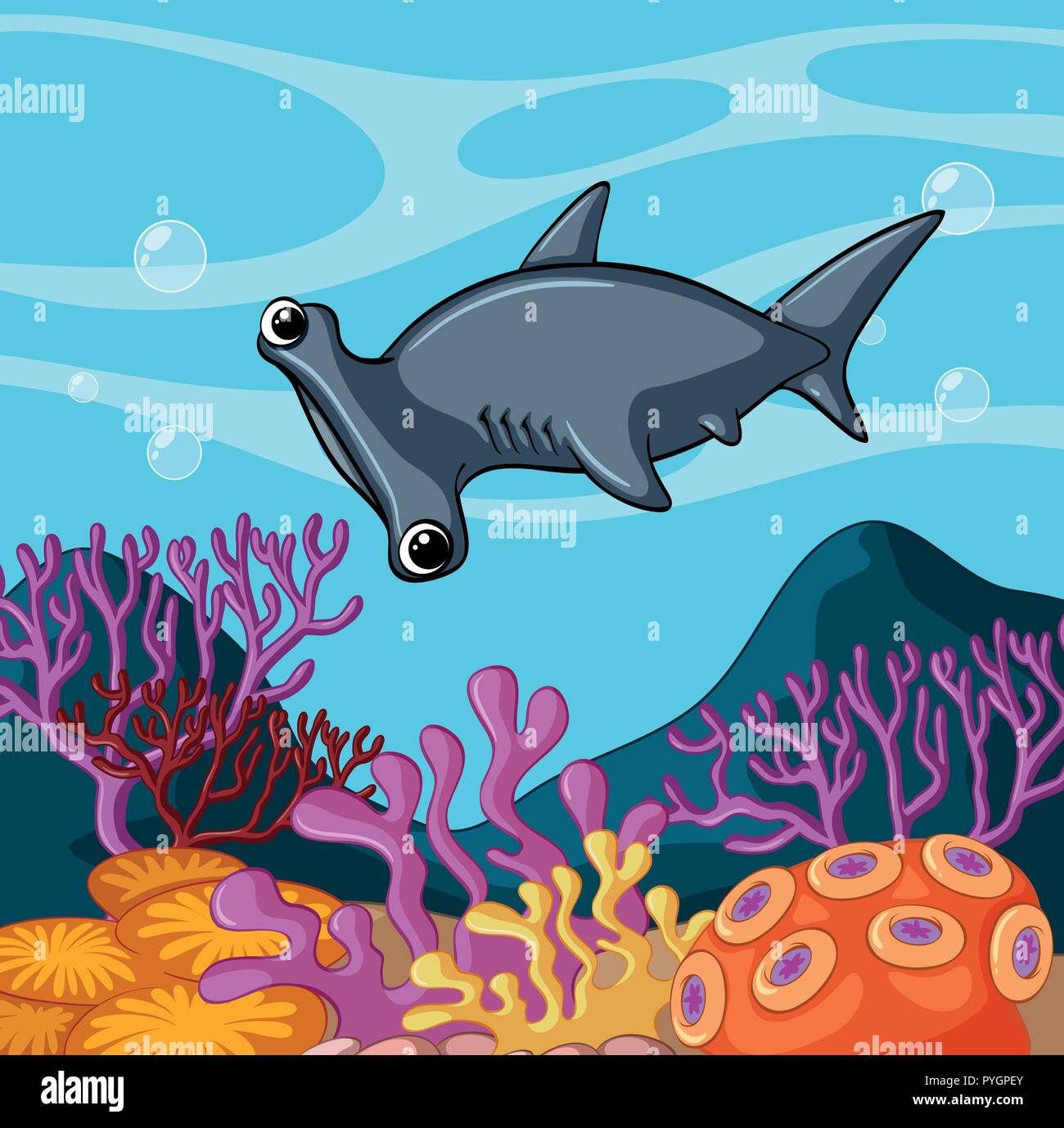 Hammerhead shark swimming under the ocean illustration Stock Vector