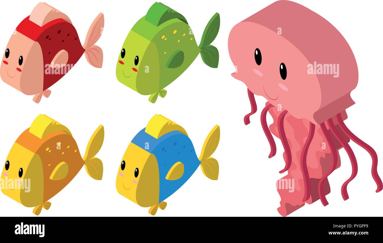 3D design for jellyfish and many fish illustration Stock Vector Image ...