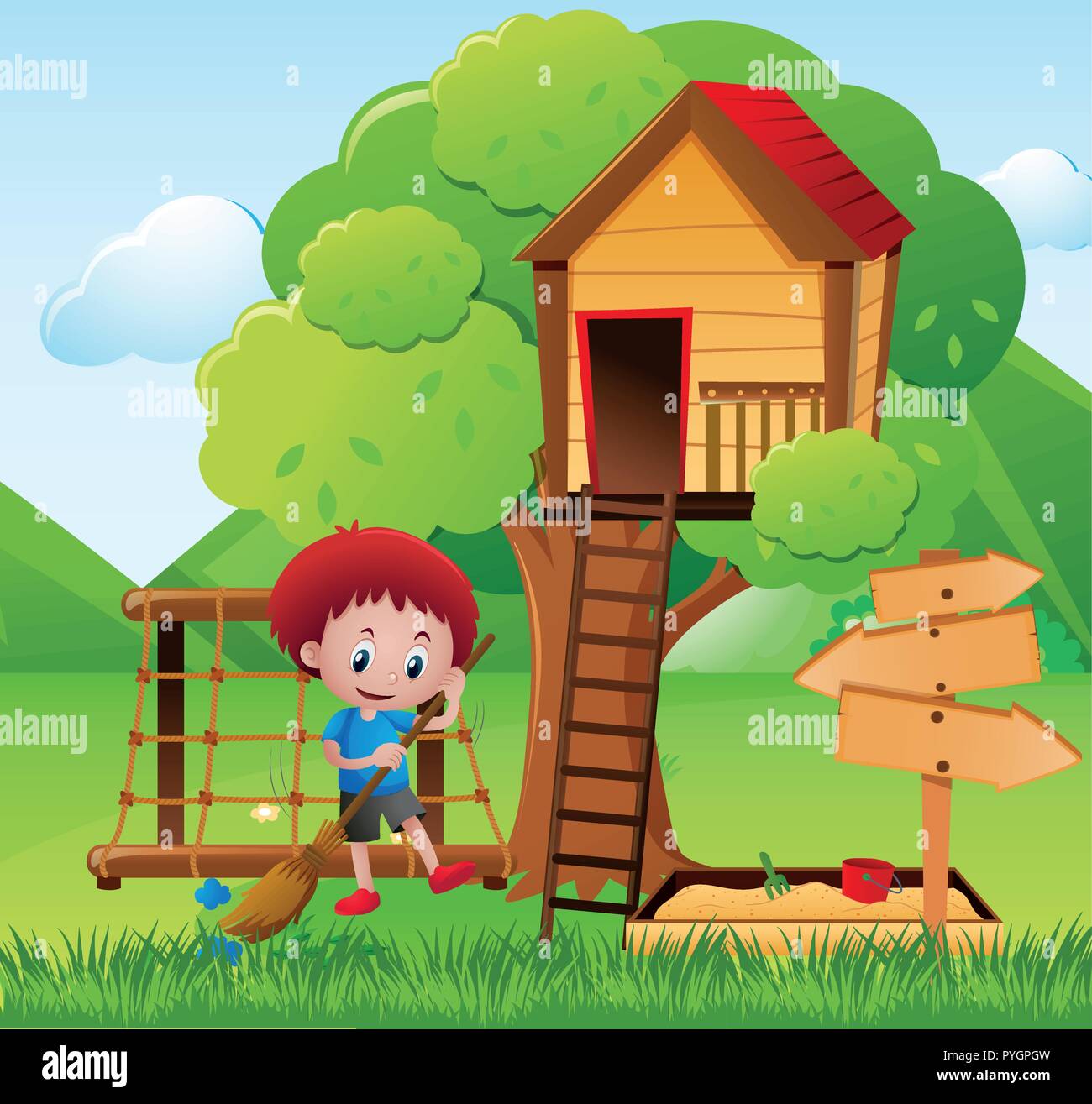 Little boy sweeping the garden illustration Stock Vector Image & Art