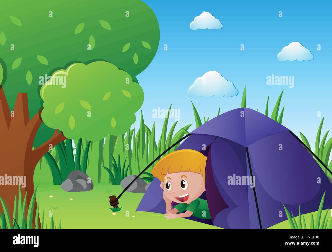 Little boy camping out in the park illustration Stock Vector Image ...