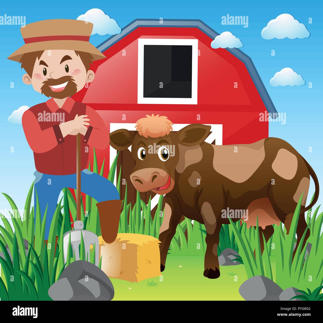 Farmer and cow in farmyard illustration Stock Vector Image & Art - Alamy