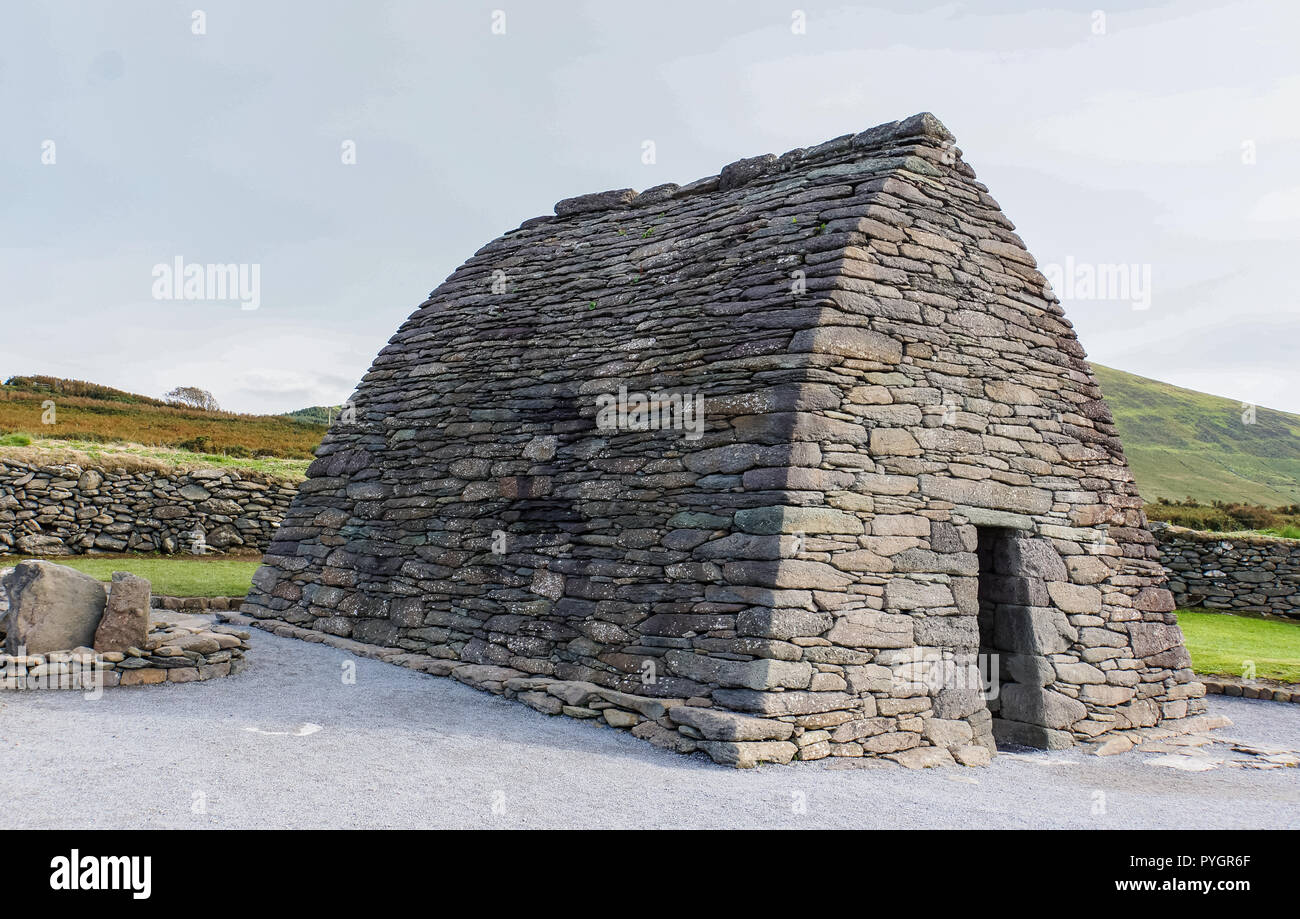 the Gallarus oratory, an ancient stone building  about 1300 years old an example of dry rubble masonry built by early Christians Stock Photo