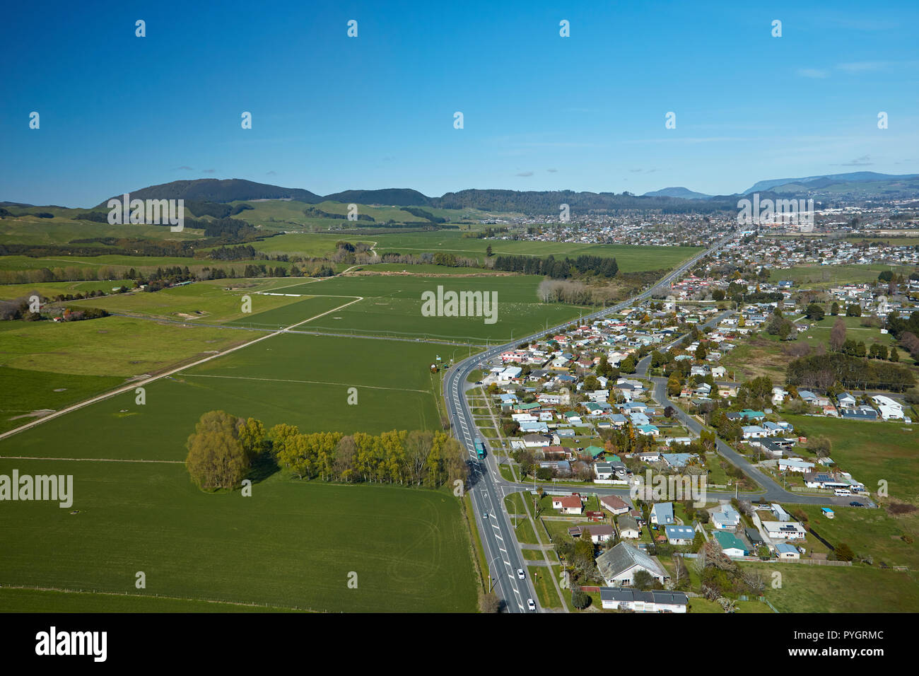 Farmland and Hannahs Bay, Rotorua, North Island, New Zealand aerial