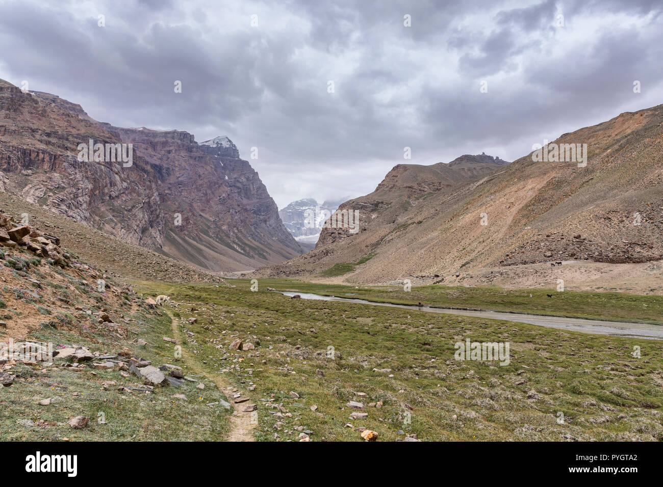 Engels Peak seen from the Engels Peak Meadows, Langar, Tajik Wakhan, Pamir Mountains, Tajikistan Stock Photo