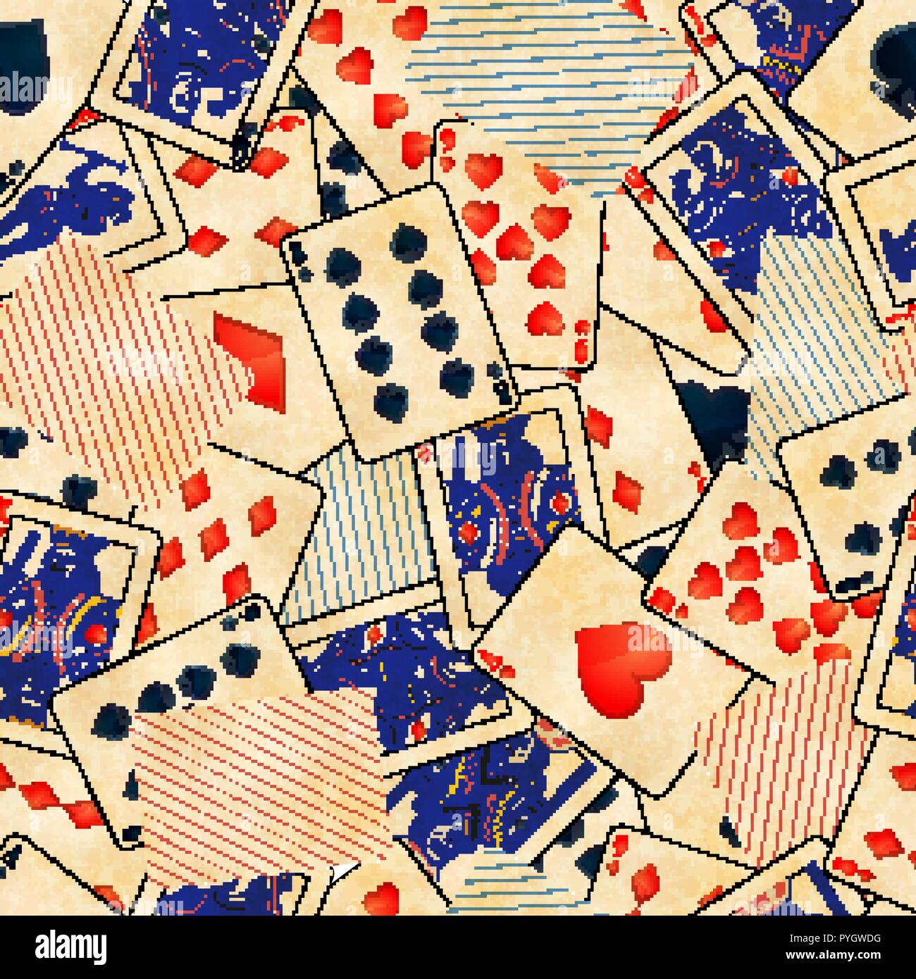 Detailed colorful poker cards with old paper texture, vintage seamless