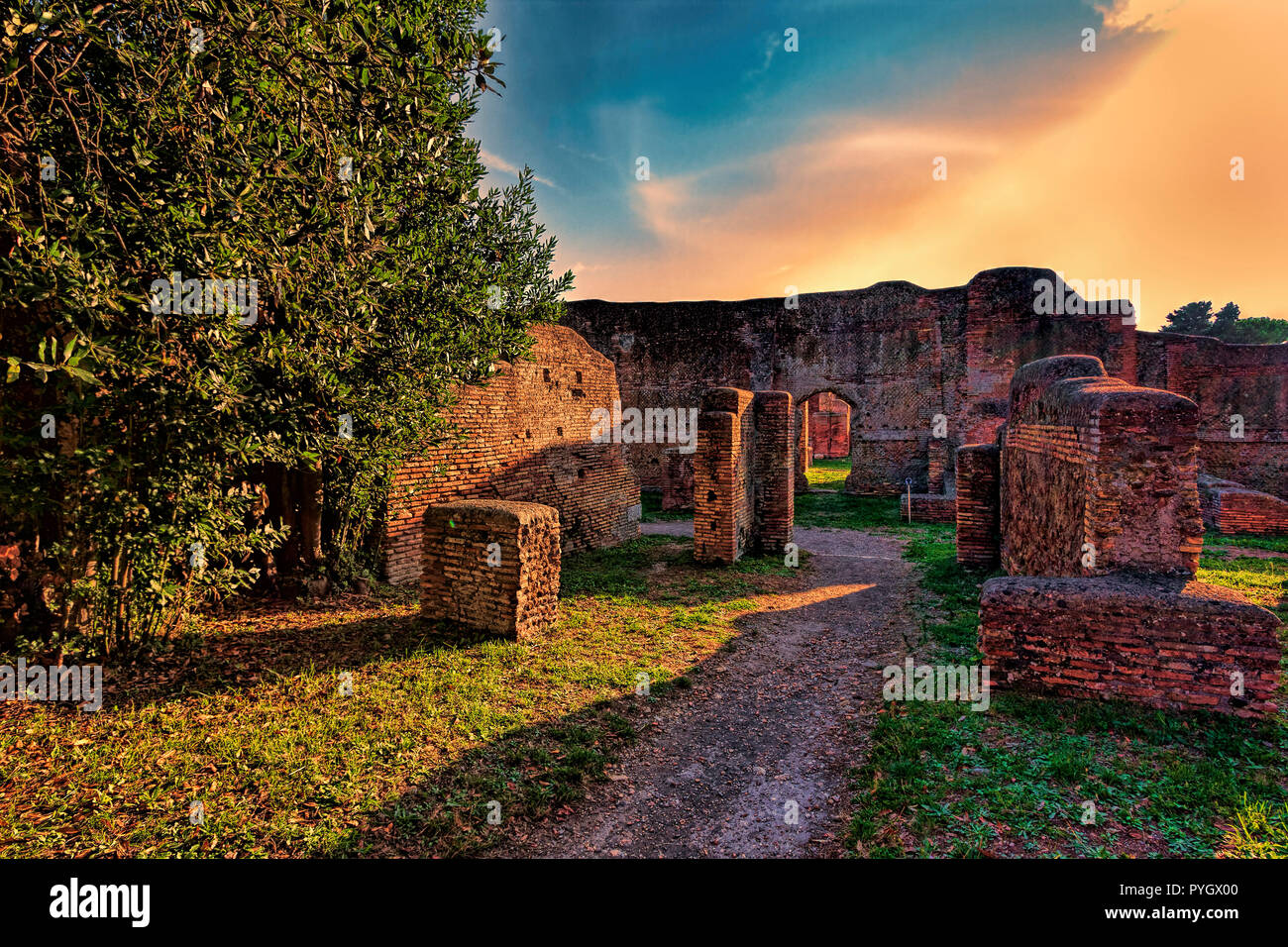 Sunset Roman Empire village street view in archaeology excavations of