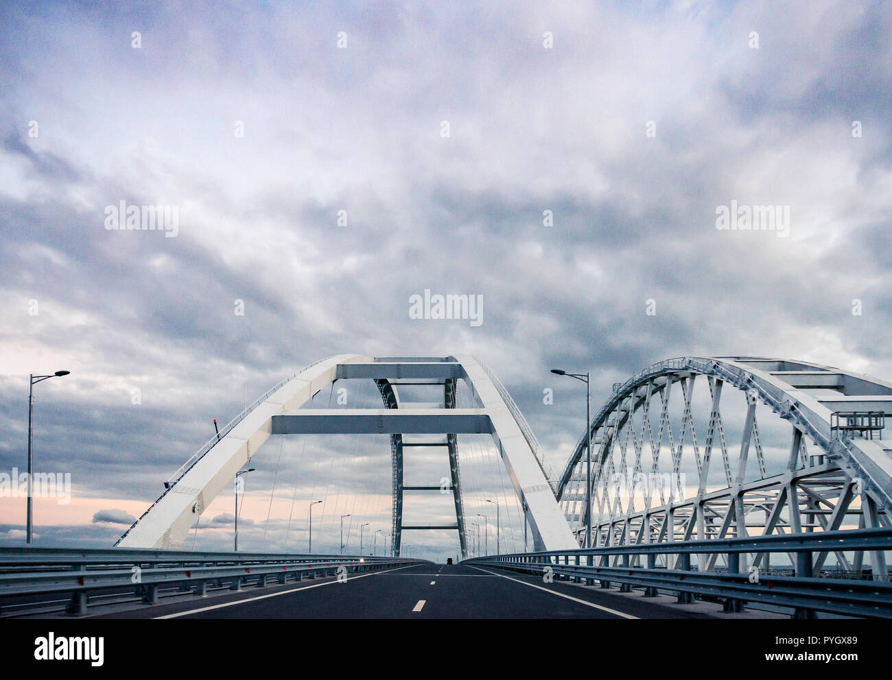 the Car rides on the road bridge connecting the banks of the Kerch Strait between Taman And Kerch. Crimean bridge October, 2018 Stock Photo