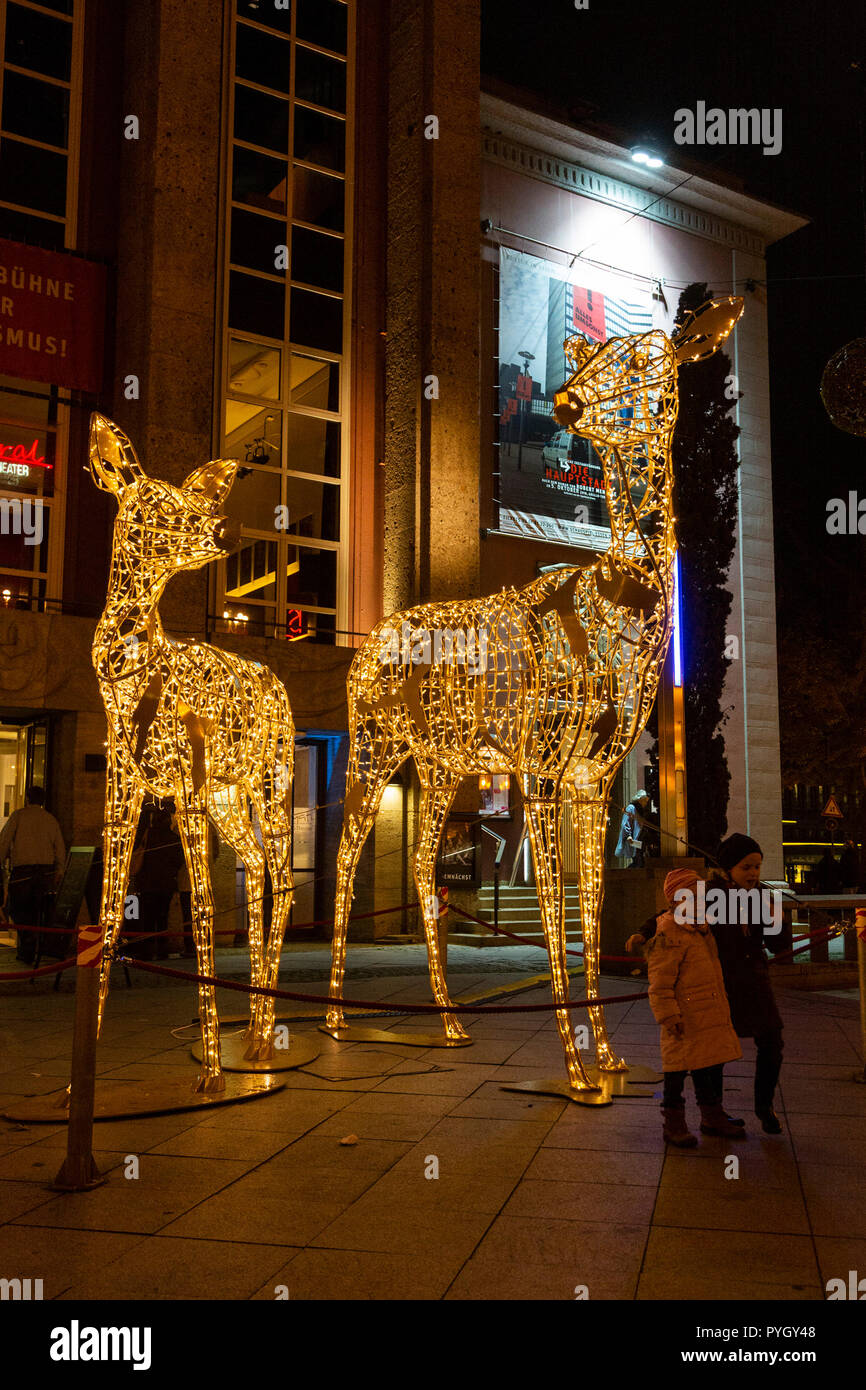 Essen, Germany. 'Oh, my deer', light installation created by MK Illumination from Innsbruck, Austria, outside Grillo Theater. The 2018 Essen Light Festival gets under way with many light art installations throughout the town centre until 4 November 2018. Stock Photo