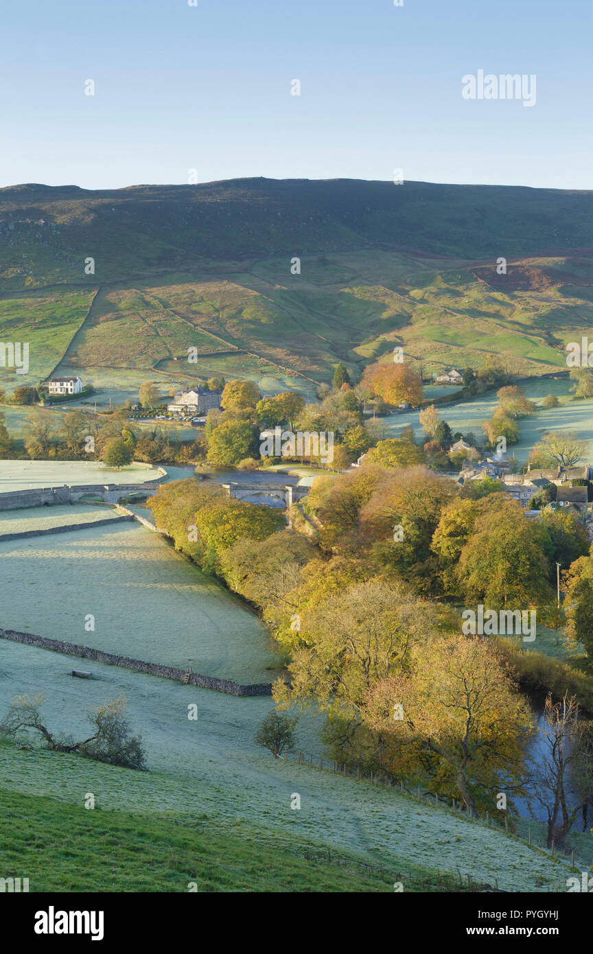 View of River Wharfe in valley bottom on frosty morning, Burnsall, Wharfedale, Yorkshire Dales, England, October Stock Photo