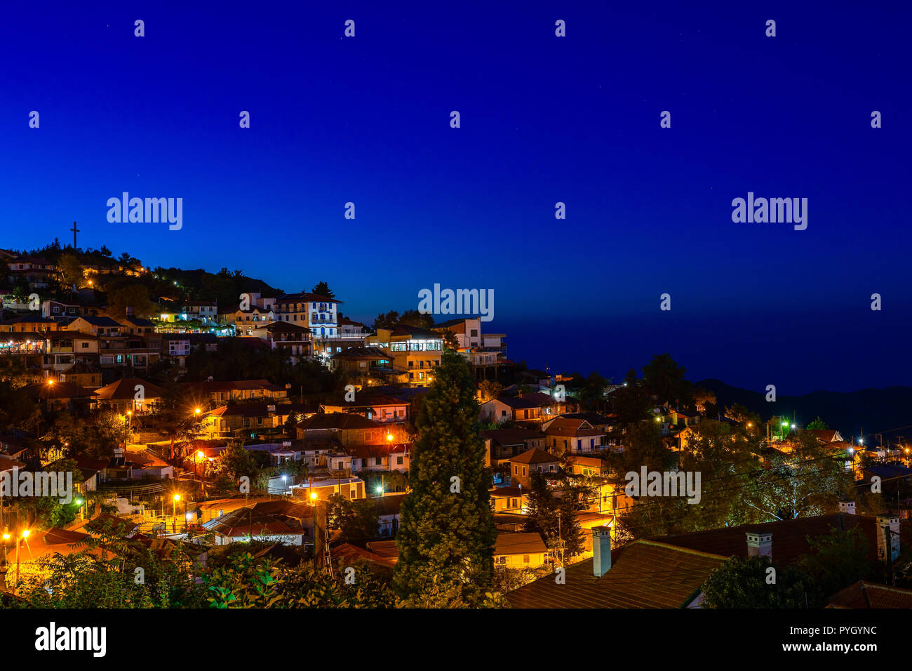 Pedoulas cypriot village streets and houses, night panorama, Troodos, Nicosia District, Cyprus Stock Photo