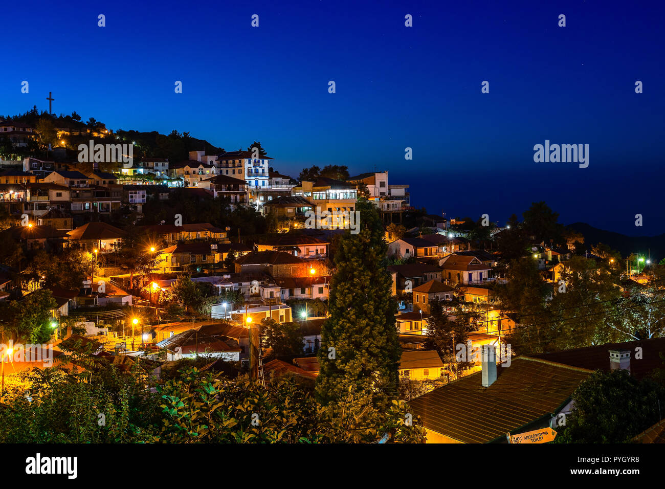 Pedoulas cypriot village streets and houses, night panorama, Troodos, Nicosia District, Cyprus Stock Photo