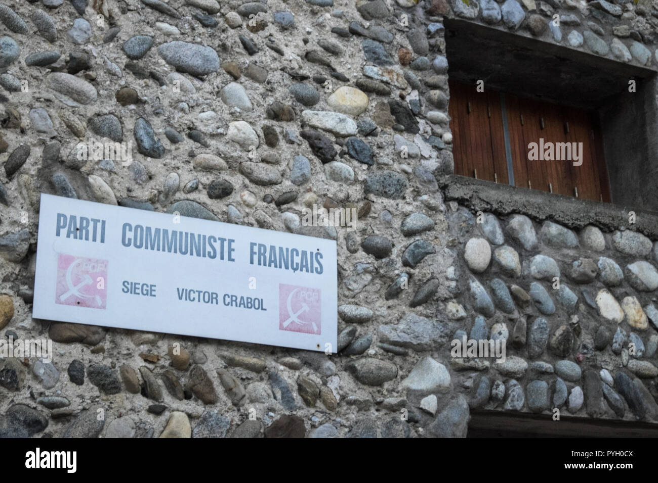 Parti,Communiste,Francais,Communist Party,France,  Headquarters,sign,signage,in,centre,of,Quillan,Aude,South,of,France,French,Europe,European, Stock Photo