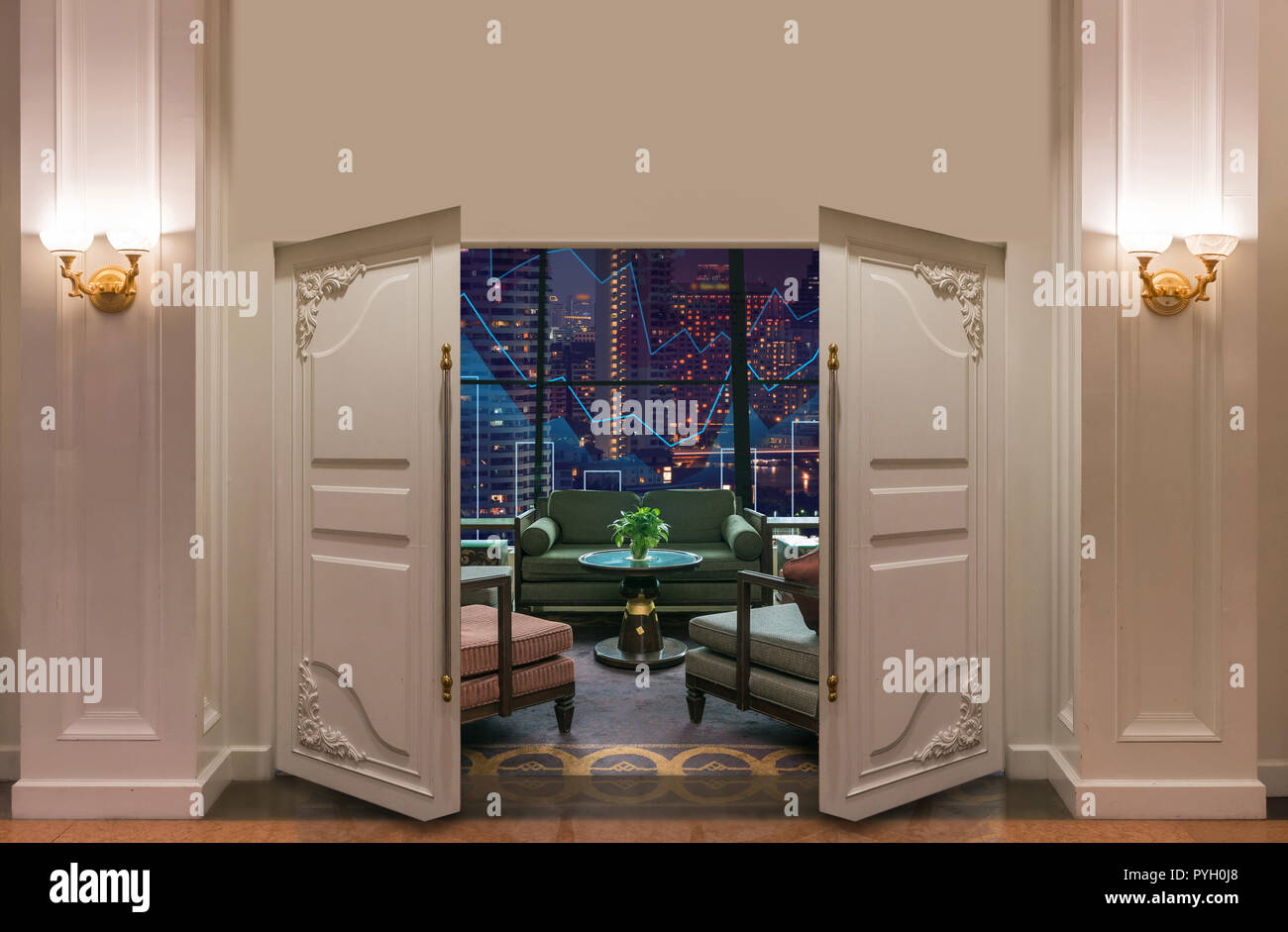 Open Door In The Lobby Area Of A Hotel Which Can See Trading