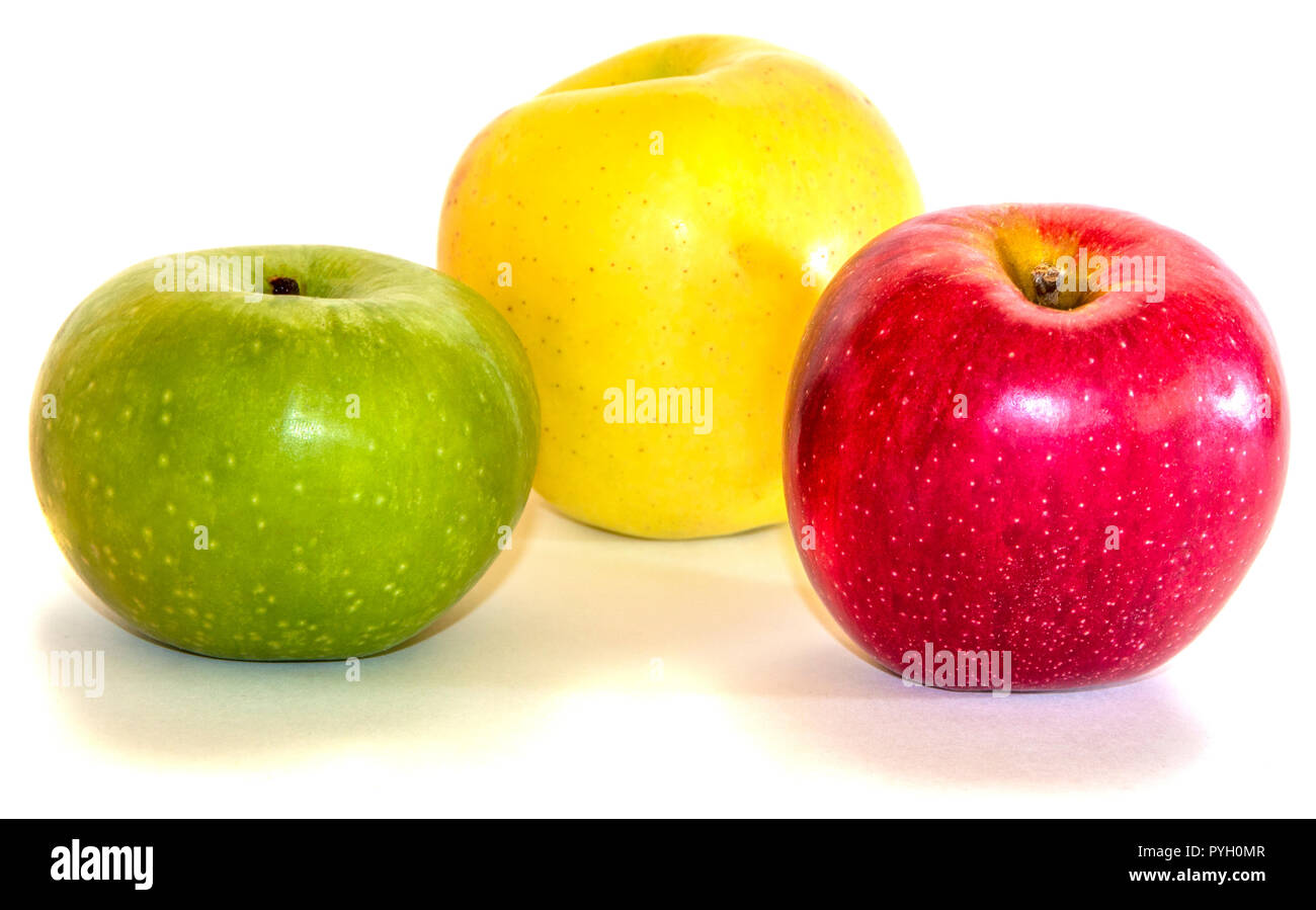 Fresh apples, three colors isolated on white background. Russia Stock Photo