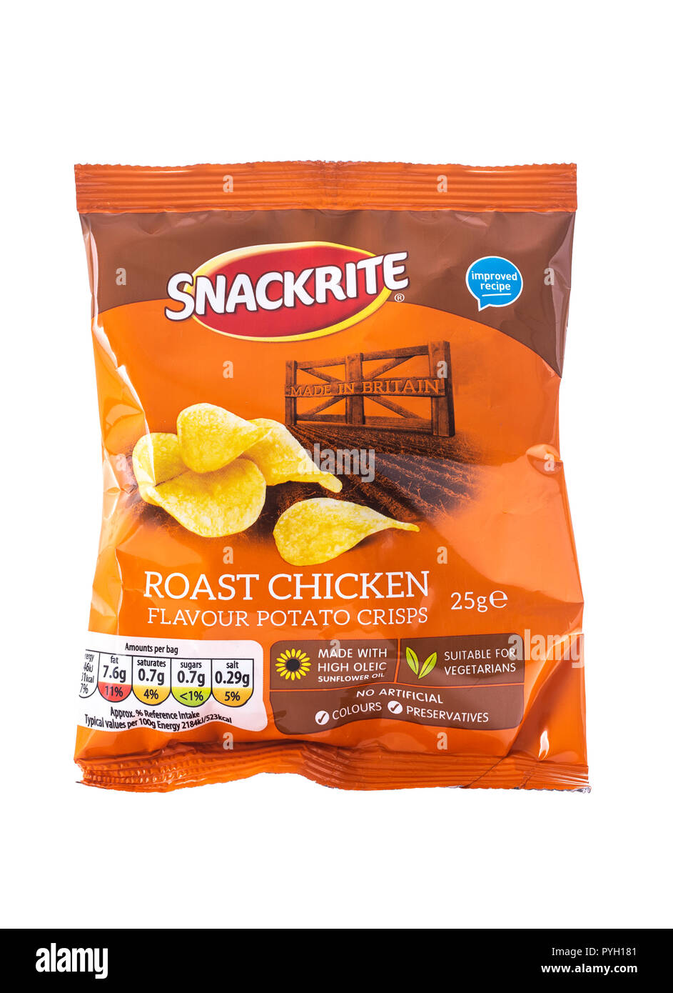 SWINDON, UK - OCTOBER 27 2018: Packet of Snackrite Roast Chicken Flavour potato crisps on a white background Stock Photo