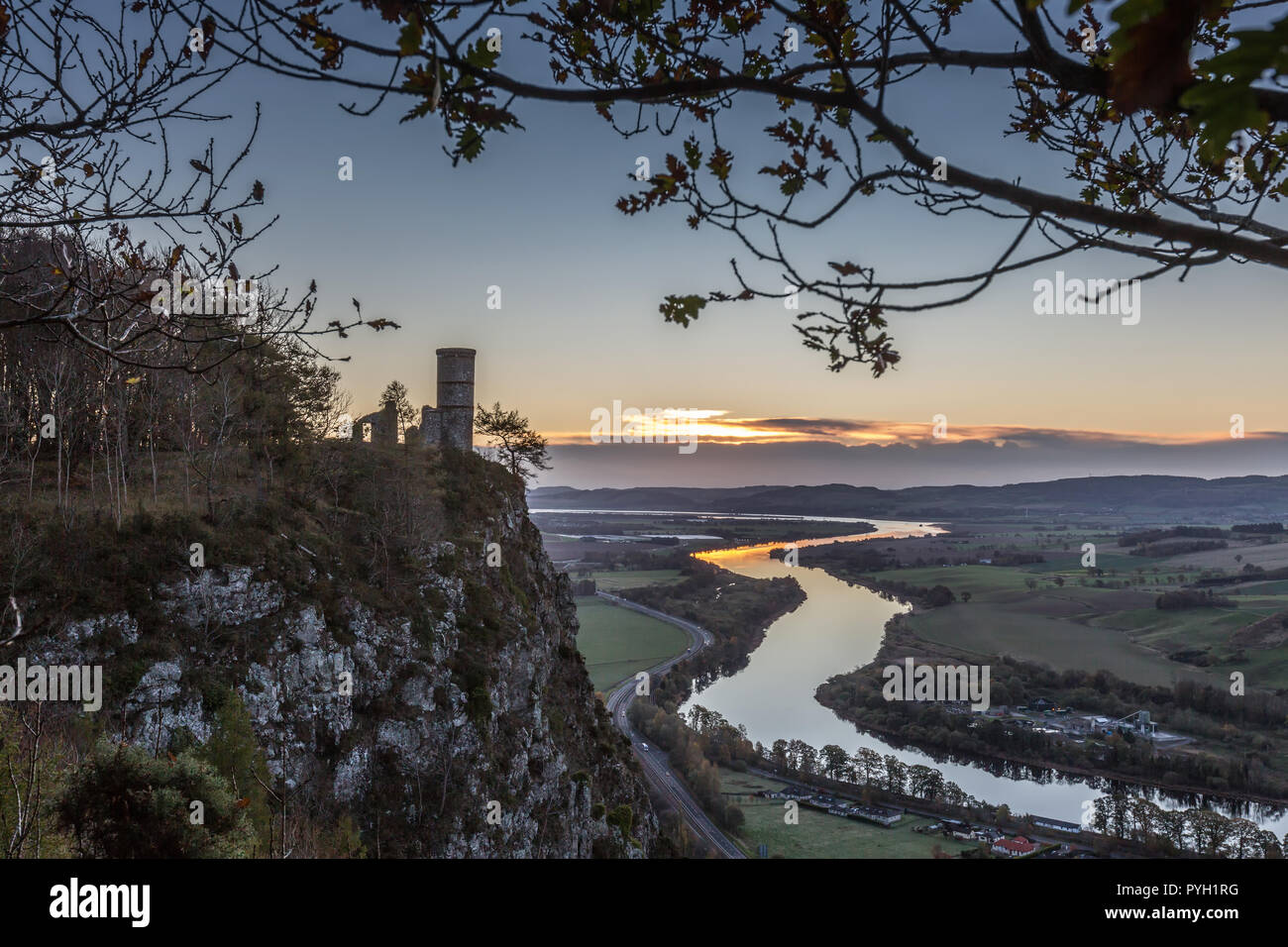 The ruins of Kinnoull Hill  Tower overlooking the River tay and the city of Perth, Scotland, UK Stock Photo