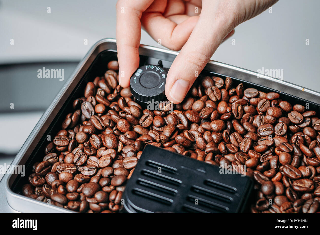 Coffee beans grinding in coffee machine grinder Stock Photo
