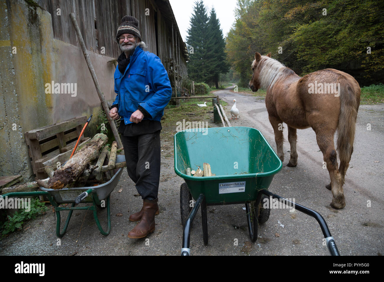France, hermit in the Northern Vosges, who has a house in the forest and lives here with his animals. Stock Photo