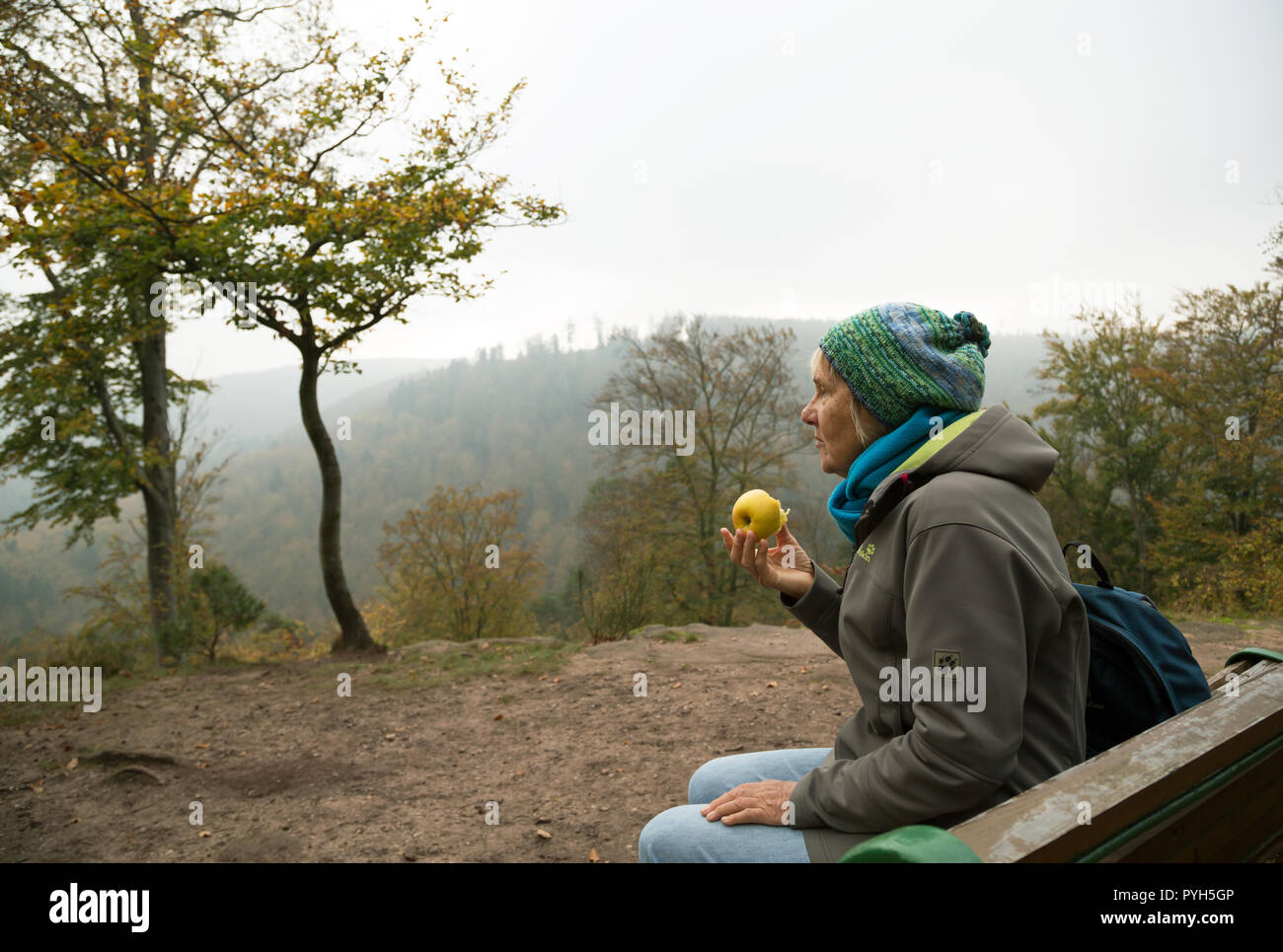 France, hiker taking a break on a bank in the North Vosges Regional