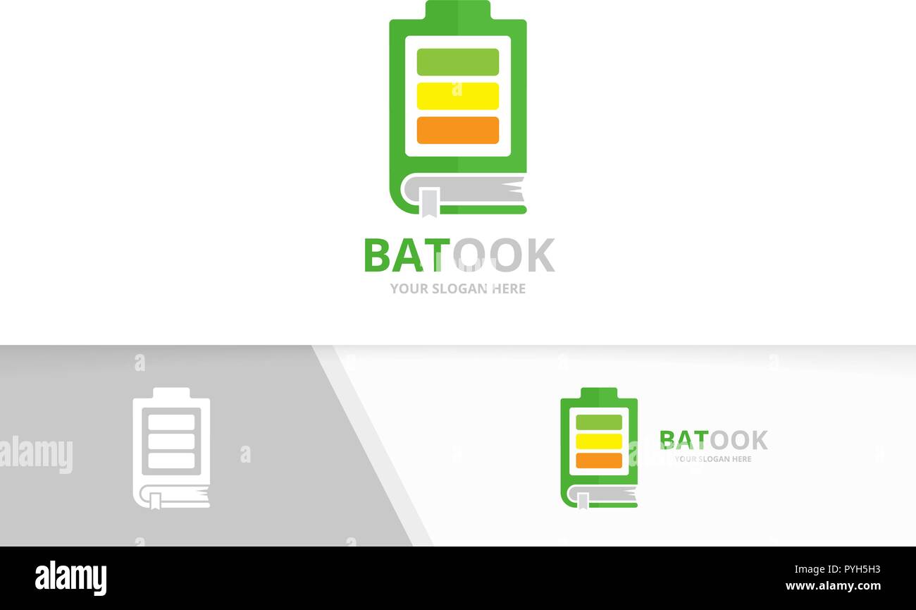 Vector battery and book logo combination. Energy and library symbol or icon. Unique accumulator and bookstore logotype design template. Stock Vector