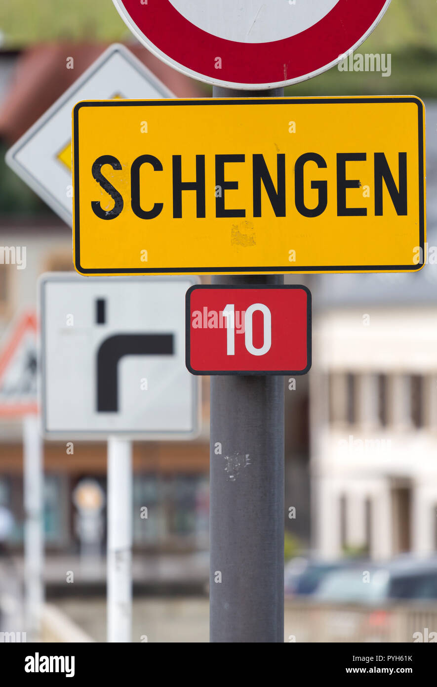 Schengen, Luxembourg - place-name sign Schengen on the bridge over the Mosel River, where the German-Luxembourg border runs Stock Photo