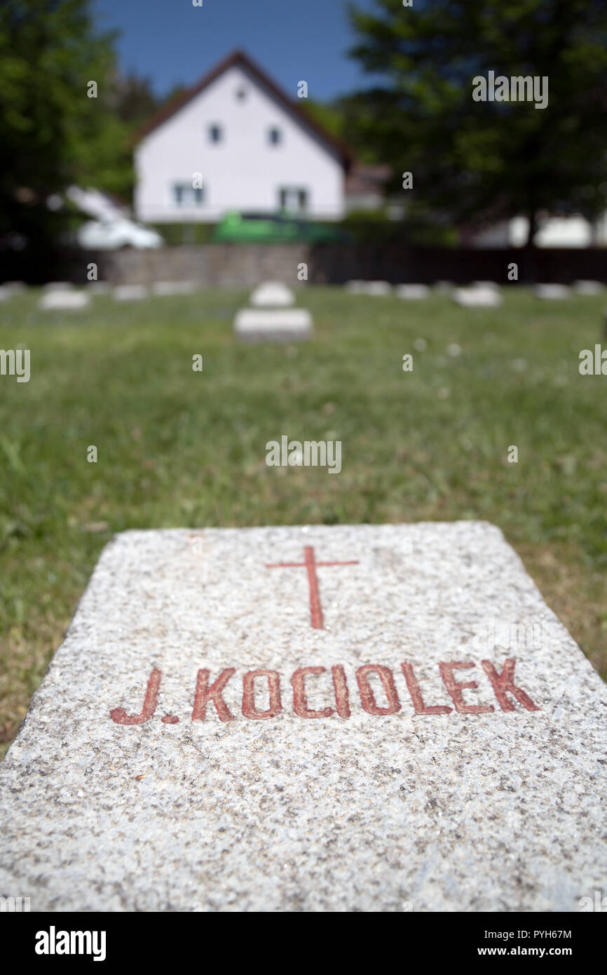 Bavaria, Germany - Honorary cemetery for 121 victims of National Socialist tyranny died shortly after liberation in 1945. Gravestone of a Polish man Stock Photo