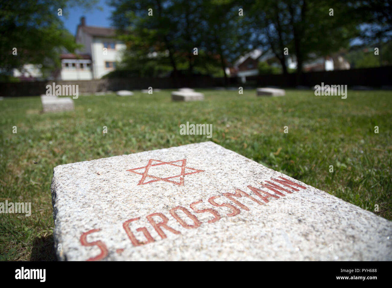 Bavaria, Germany - Honorary cemetery for 121 victims of National Socialist tyranny died shortly after liberation in 1945. Gravestone of a Jew Stock Photo