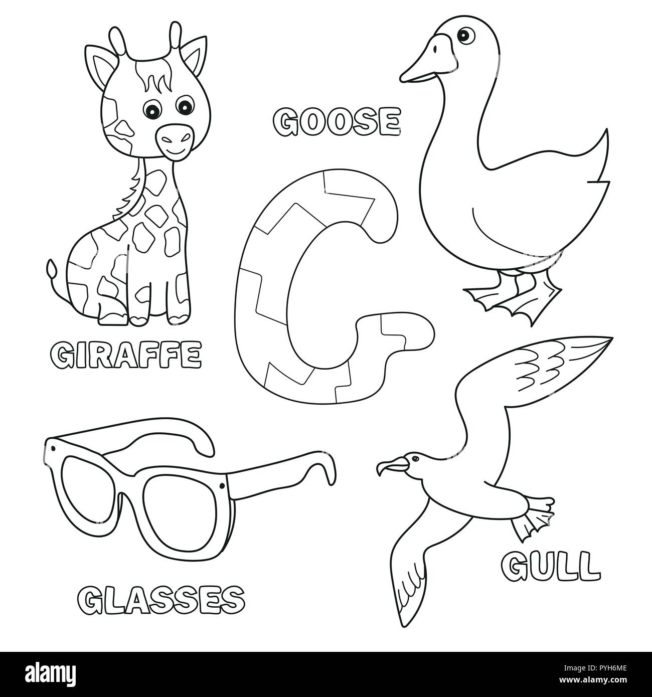 Cute giraffe, goose, glasses, gull for letter G in kids alphabet Stock Vector