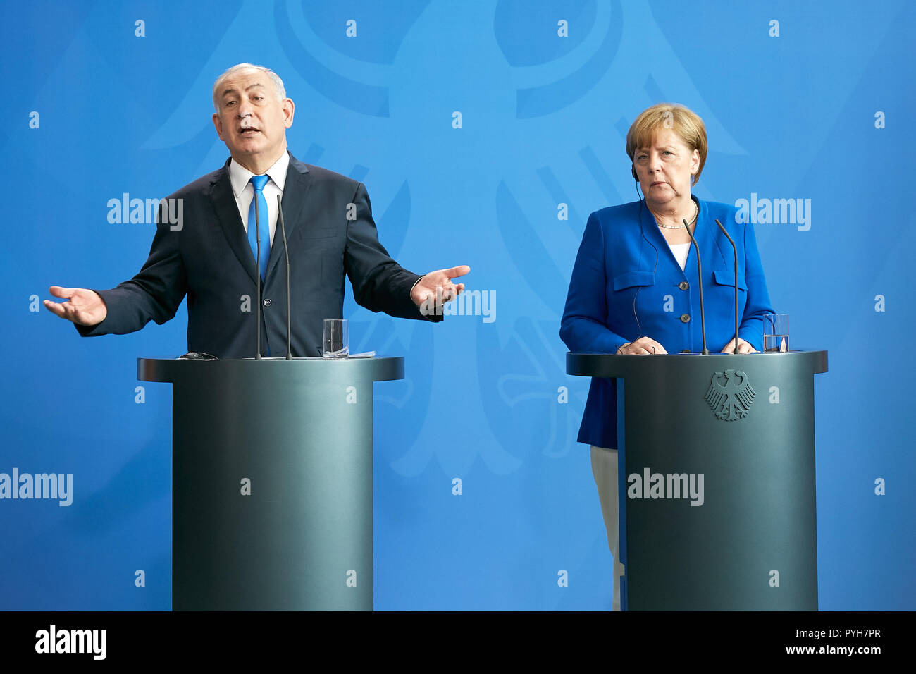Berlin, Germany - Chancellor Angela Merkel and Israeli Prime Minister Benjamin Netanyahu at their press conference. Stock Photo