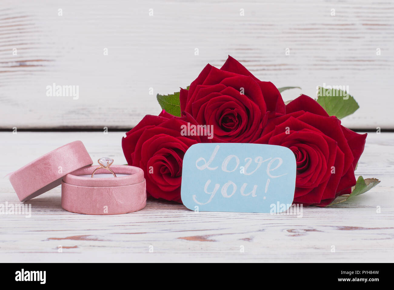 Beautiful Fresh Flower Arrangement of Red Roses, Gift Box and Text Wish,  Birthday Greeting Card Concept. Stock Image - Image of blossom, love:  132771025