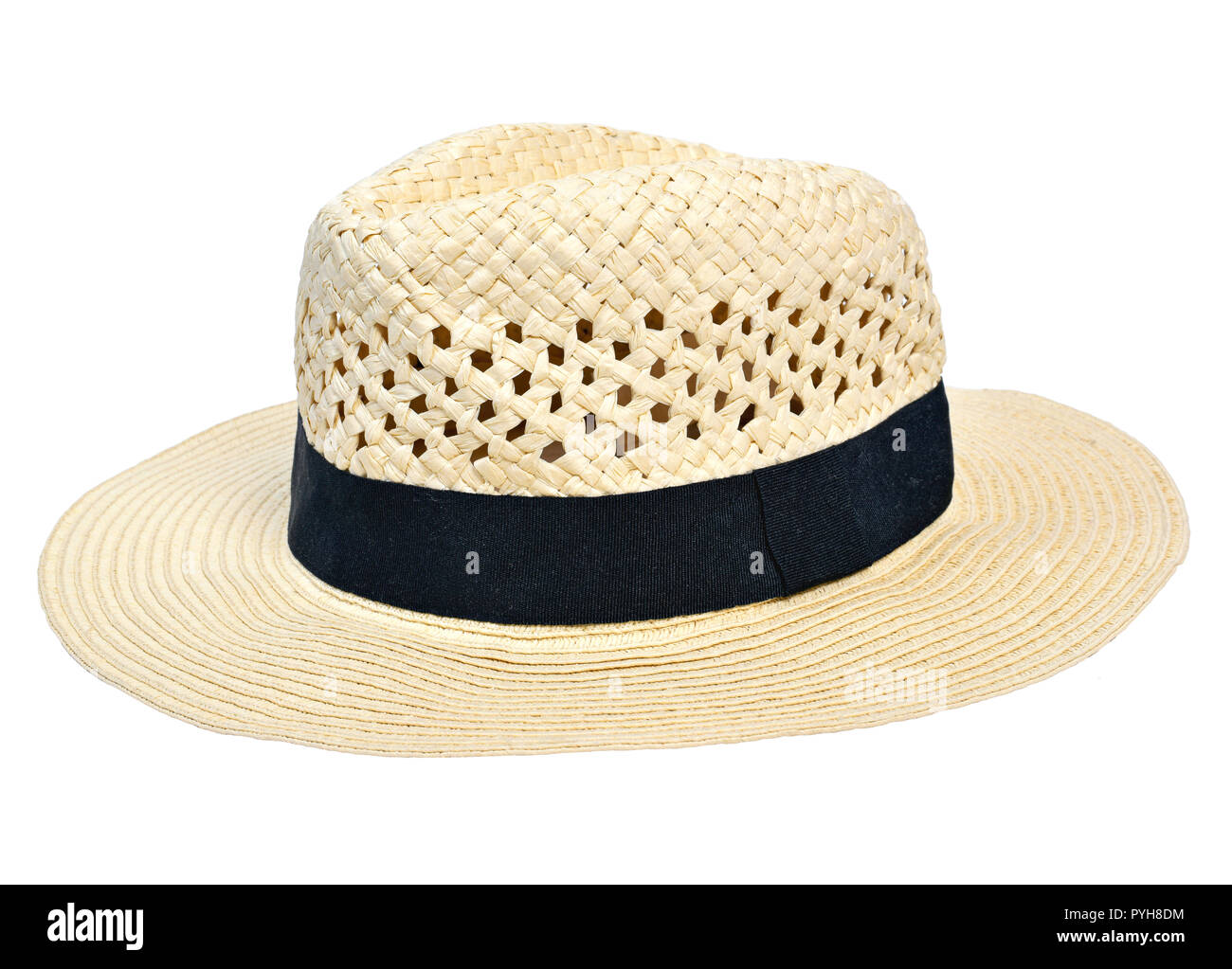 Panama hat, traditional summer hat with black hatband or ribbon, isolated on white background. Cut out object with top view or high angle view. Stock Photo