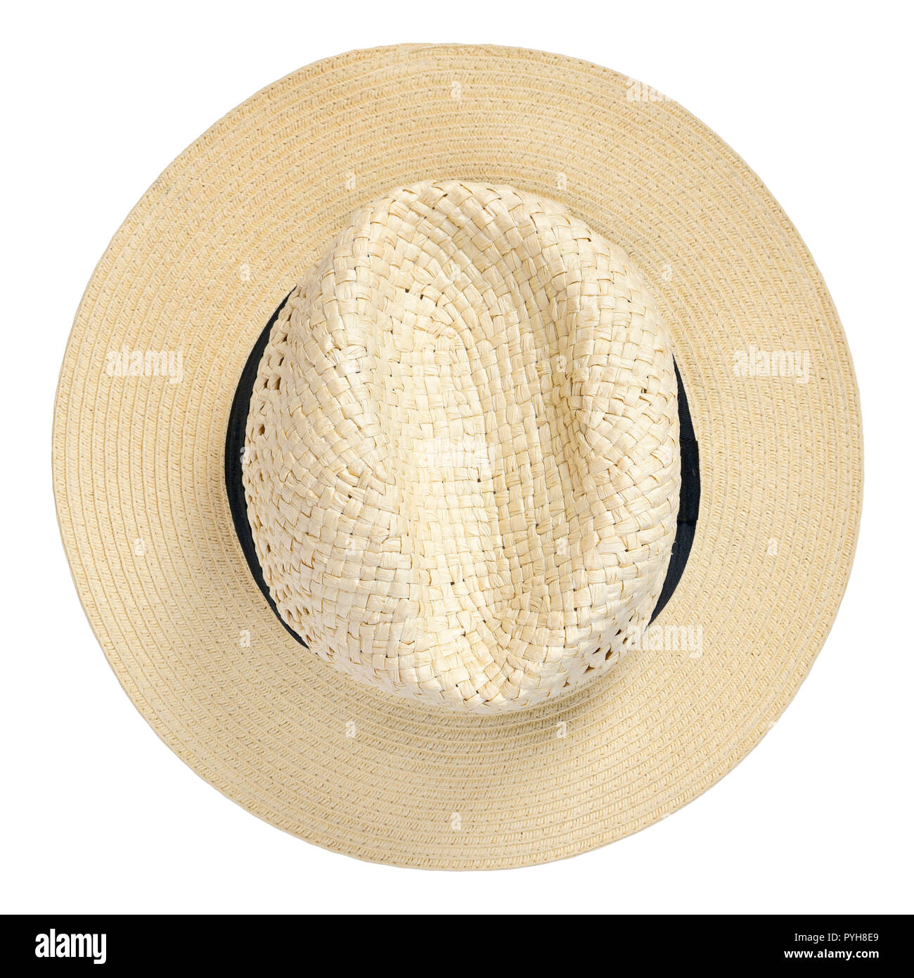 Panama hat, traditional summer hat with black hatband or ribbon, isolated on white background. Cut out object with top view or high angle view. Stock Photo